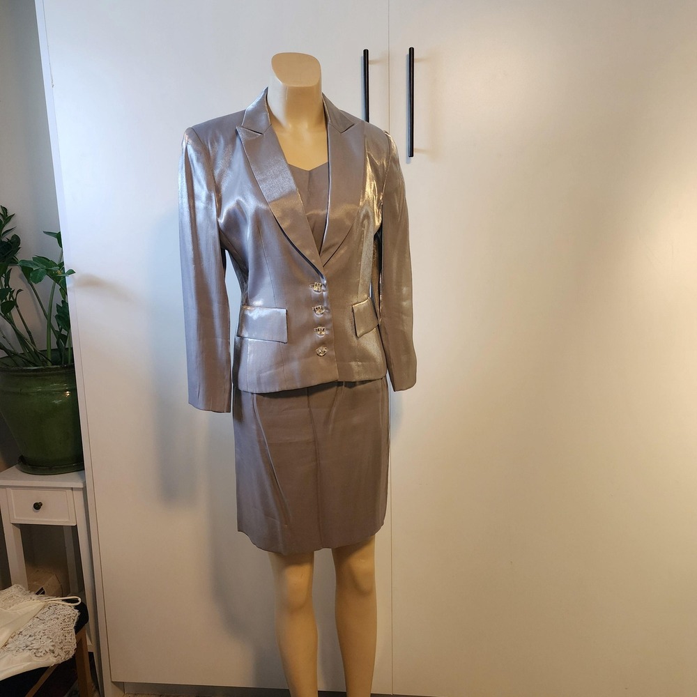 1980's three piece silver suit, skirt, blouse, and blazer